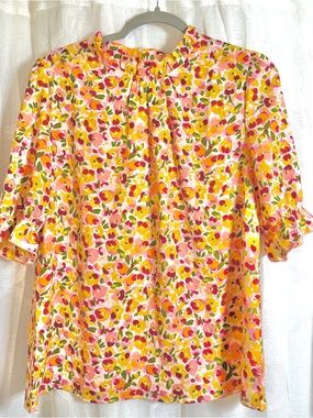 Colorful Floral Confetti Print Blouse | Puff Sleeve Tie Neck Top | Size Medium 🌸
